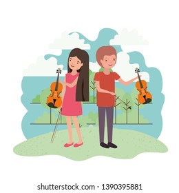 couple with musical instruments in landscape