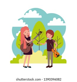 couple with musical instruments in landscape