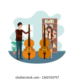 couple with musical instruments in living room