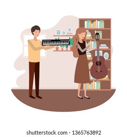 couple with musical instruments in living room