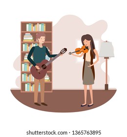 couple with musical instruments in living room