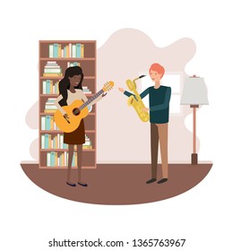 couple with musical instruments in living room