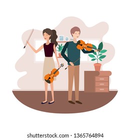 couple with musical instruments in living room