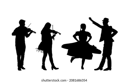 Couple of musician artist playing violin for czardas dancers. Folklore wedding dance vector silhouette illustration isolated. Classic music performers amusement public. Violin play string instrument.