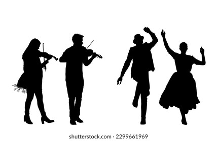 Couple of musician artist playing violin for czardas dancers. Folklore wedding dance vector silhouette illustration isolated. Classic music performers amusement public. Violin play string instrument.