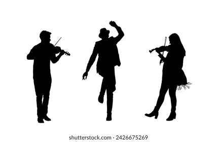 Couple of musician artist playing violin for czardas dancer. Folklore wedding dance vector silhouette illustration isolated. Classic music performers amusement public. Violin play string instrument.