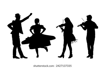 Couple of musician artist playing violin for czardas dancers. Folklore wedding dance vector silhouette illustration isolated. Classic music performers amusement public. Violin play string instrument.