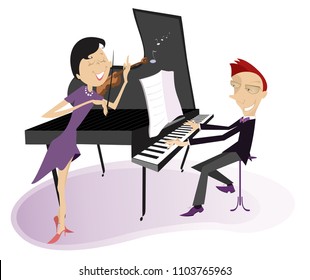 Couple musicians play music on violin and piano isolated illustration. Duet of violinist woman and pianist man isolated illustration vector
