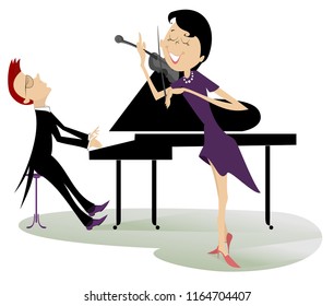 Couple musicians play music on violin and piano isolated illustration. Duet of violinist woman and pianist man isolated illustration vector
