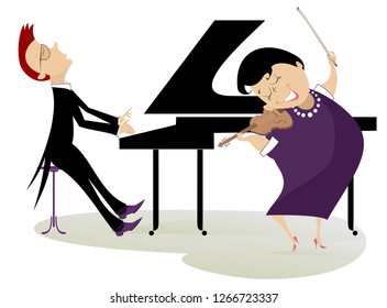 Couple musicians play music on violin and piano isolated illustration. Duet of violinist woman and pianist man isolated illustration
