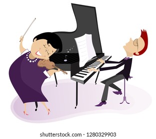 Couple musicians play music on violin and piano isolated illustration. Duet of violinist woman and pianist man isolated illustration
