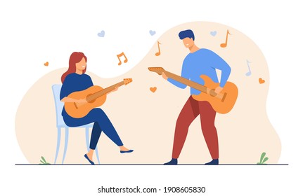 Couple of musicians playing guitars and singing. Musical duet, singers, band. Flat vector illustration. Music, hobby, concert, show concept for banner, website design or landing web page