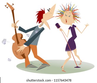 Couple musicians, singer woman and guitar player man isolated illustration. Expressive duet of woman with a microphone and guitar player man isolated on white illustration
