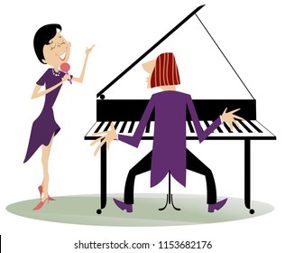 Couple musicians, singer woman and pianist man isolated illustration. Duet of woman with a microphone and pianist man isolated on white illustration vector
