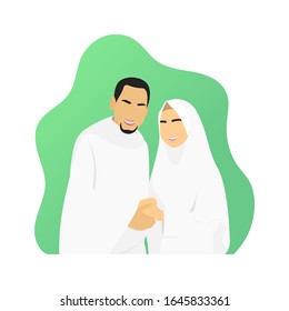 Couple of muslim husband and wife holding hands, wearing islamic dress ready for Hajj or umrah pilgrimage to Mecca. Ihram clothes. Kaaba pilgrims. Islam religion clothing - Flat vector illustration.