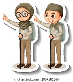 Couple muslim kids wear safari outfit cartoon character sticker illustration