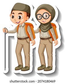 Couple muslim kids wear safari outfit cartoon character sticker illustration
