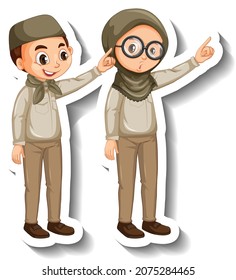 Couple muslim kids wear safari outfit cartoon character sticker illustration