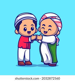 Couple Muslim Man Shaking Hand Cartoon Vector Icon Illustration. People Religion Icon Concept Isolated Premium Vector. Flat Cartoon Style