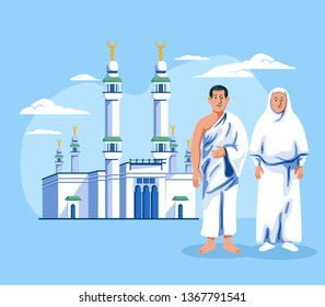 Couple of Muslim pilgrims standing in front of Masjidil Al Haram. Sacred mosque that surrounds the Kaaba in the city of Mecca, Saudi Arabia.