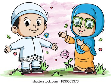 Couple Muslim playing in the park of illustration