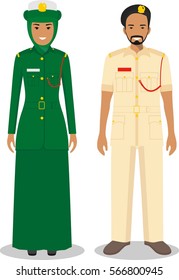 Couple of muslim policeman and policewoman standing together on white background in flat style. Police arabic concept. Flat design people characters. Vector illustration.