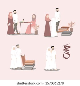 Couple Muslim Set Concept of Step and Progress Going to Hajj and Umrah, Step by step going to haj and umra