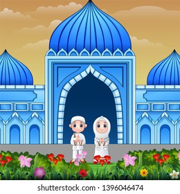 Couple muslim wishing in front the mosque
