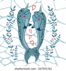 Couple of narwhals in love. vector illustration
