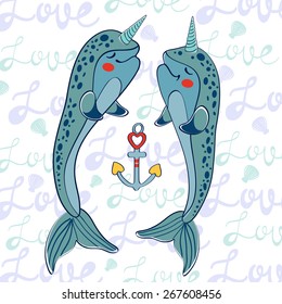 Couple of narwhals in love. vector illustration