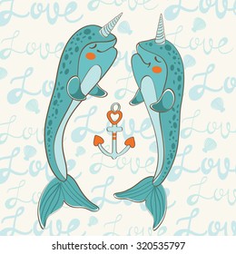 Couple of narwhals in love. vector illustration