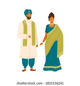 Couple in national india costume vector flat illustration. Man and woman in traditional indian dress, headdress and accessories isolated on white. People wearing folk apparel standing together