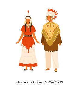 Couple of native americans wearing traditional costumes. Female character in national dress. Male person in feather headdress and poncho. Flat vector illustration isolated on white