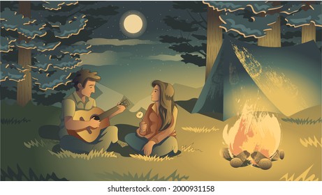 A couple near the bofire. Romantic mysterious atmosphere, tent, forest, moon, night sky, guitar. Atracktive characers in love. 