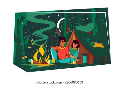 Couple near fire in evening, camping night in nature vector illustration. Get warm, campfire in forest, adventure time, traveling concept