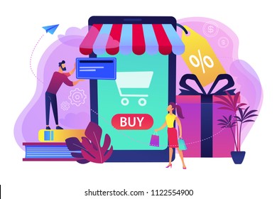 A couple near huge smartphone with buy icon on the screen make online purchases. Smart retail, retail mobility solutions, IoT and smart city concept, violet palette. Vector illustration on background. A couple near huge smartphone with buy icon on the screen make online purchases. Smart retail, retail mobility solutions, IoT and smart city concept, violet palette. Vector illustration on background.