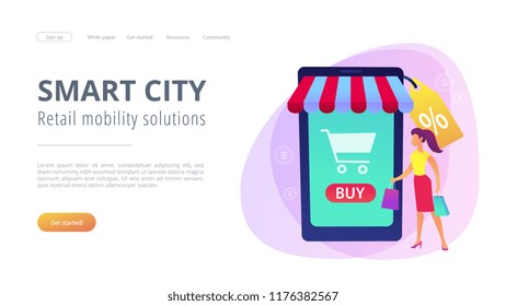 A couple near huge smartphone with buy icon on the screen make online purchases. Smart retail, retail mobility solutions, IoT and smart city concept, violet palette. Website landing web page template.