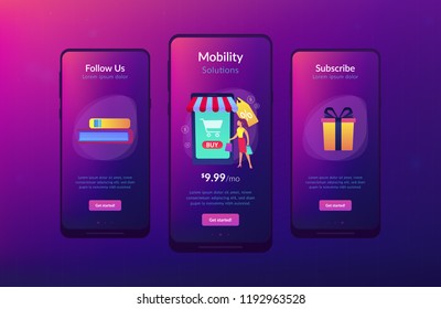 A couple near huge smartphone with buy icon on the screen make online purchases. Smart retail, retail mobility solutions, IoT and smart city concept, violet palette. UI UX GUI app interface template.