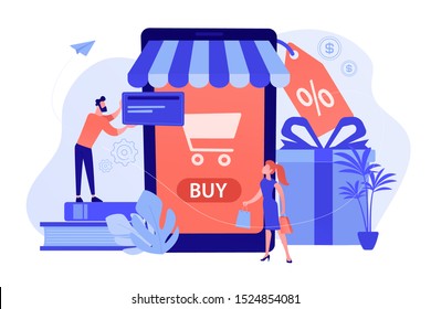 A couple near huge smartphone with buy icon on the screen make online purchases. Smart retail, retail mobility solutions, IoT and smart city concept, violet palette. Vector illustration on background.