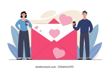 Couple near love letter. Man and woman near envelope with letter. Romantic correspondence. Love, romance and passion. Distance communication and interaction. Flat vector illustration