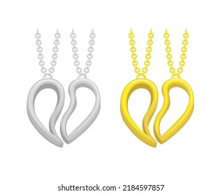 Couple necklace heart love in gold and silver symbol set illustration vector