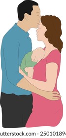 Couple with new born baby flat portrait illustration