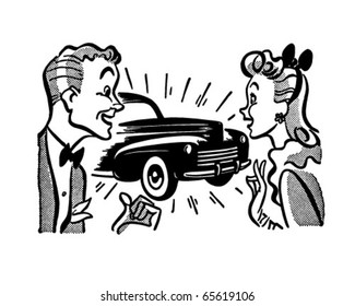 Couple With New Car - Retro Clipart Illustration