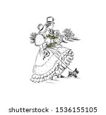 Couple with new year gifts. Man and woman on walk with in  dog on leash . Lady and gentleman in vintage style from the nineteenth century. Coloring page. 