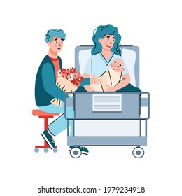 Pareja con el bebé recién nacido en el hospital de maternidad después del parto, ilustración vectorial de caricatura plana aislada de fondo blanco. Obstetricia y asistencia para el parto.