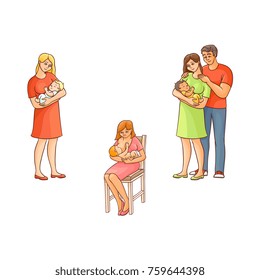 Couple with newborn child, mother holding, breast feeding her baby, cartoon vector illustration isolated on white background. Newborn baby set - parents, father and mother holding sleeping infant