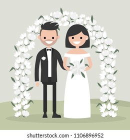 A couple of newly weds standing behind the floral arch. Bride and groom. New family. Elegant garden ceremony. Flat vector illustration, clip art