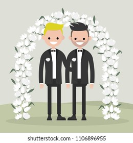 A couple of newly weds standing behind the floral arch. Two grooms. Homosexual family. LGBTQ rights. Gay marriage.  Elegant garden ceremony. Flat vector illustration, clip art