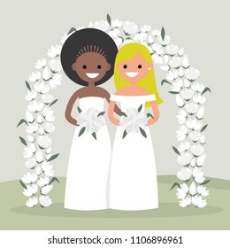 A couple of newly weds standing behind the floral arch. Lesbian brides.  LGBTQ rights. Homosexual marriage. New family. Elegant garden ceremony. Flat vector illustration, clip art