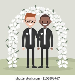 A couple of newly weds standing behind the floral arch. Two grooms. Homosexual family. LGBTQ rights. Gay marriage.  Elegant garden ceremony. Flat vector illustration, clip art